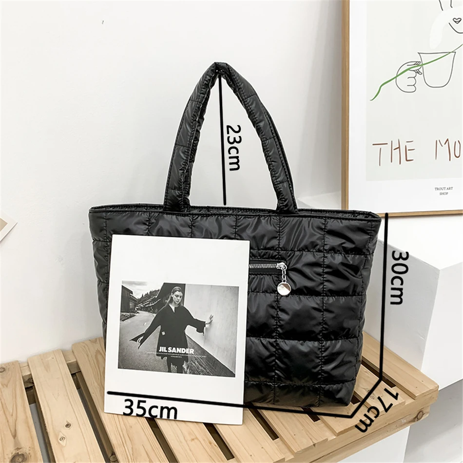 Large Capacity Women's Space Bag Quality Down Fabric Padded Shoulder Bags  for Women Winter Plaid Lady Tote Bags Fashion Handbags