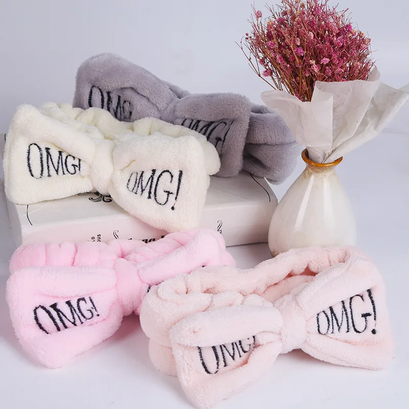 

Candy Color omg Letters Bow Headband Coral Fleece Hairbands for Women Wash Face makeup headband Hair Ties for Girls