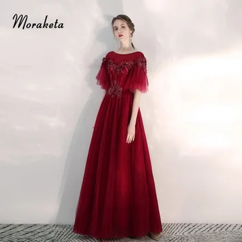 

Wine Red Evening Dresses Long 2020 Elegant O-neck 3D Flower Appliques Tulle Women Formal Gowns With Sleeves