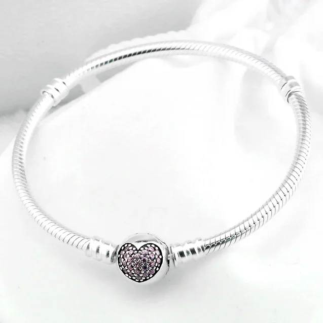 Аутентичный 925 пробы серебряный браслет Кристалл Любовь Сердце застежка змея цепочка браслет на запястье Fit бисера Шарм DIY Европа ювелирные изделия