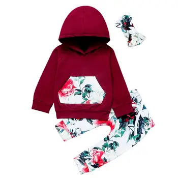 

Kid Baby Girl Hooded Long Sleeve Flower Print Sweater Tops+Pants+Hairband Fashion Outfit Set Children's Cute Autumn Suit