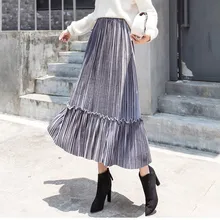 Весна-Осень, Женская длинная Плиссированная Юбка-макси цвета металлик и серебра, юбка миди с высокой талией, Повседневные Вечерние винтажные юбки