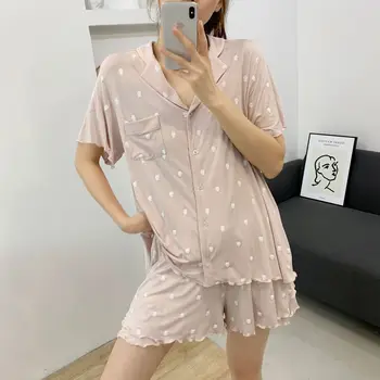 

Fresh and Creative Women's Loose Home Pajamas Lapel Short-sleeved Button Cardigan + Ruffled Shorts Thin Cotton Sleepwear Set