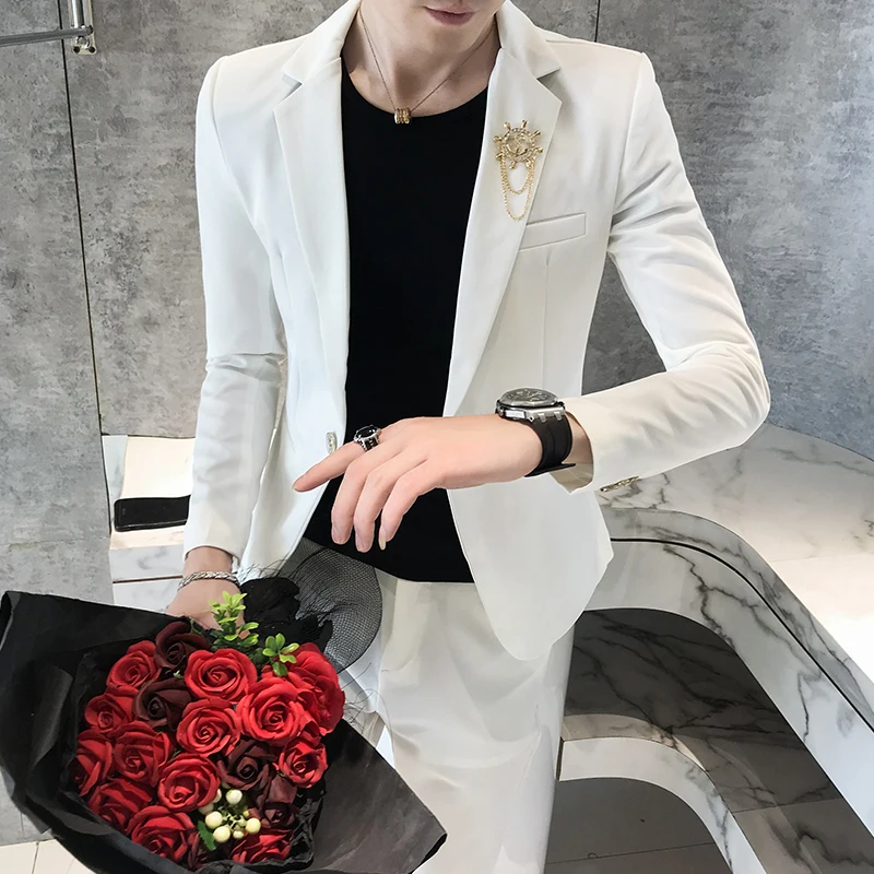 

Fashion Hair Stylist Suit Men's Suits Slim Korean Version Of The British Wind Men's Handsome Nightclub Men's Suits (blouse + Pan