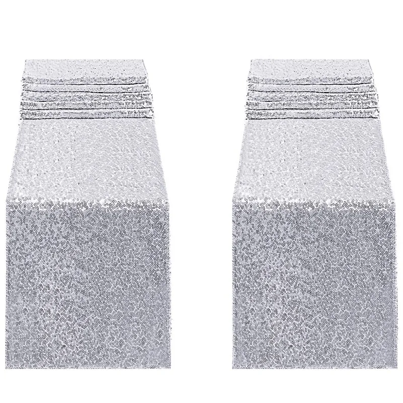 

2Pcs 12 X 108Inch Glitter Silver Sequin Table Runner for Birthday Wedding Engagement Bridal Shower Baby Shower Bachelorette Holi