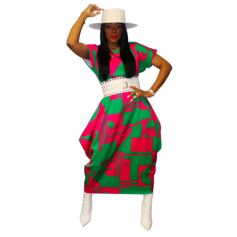 african outfits for women Fashion Geometric Women Party Dress Crew Neck Short Sleeves Lantern Casual Dresses S--5XL Ankle Length Loose Dress Summer african attire for women