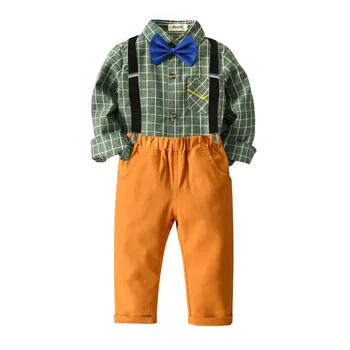 

Spring new children suit boys plaid shirt shirt suit tie gentleman suit overalls pieces of kit
