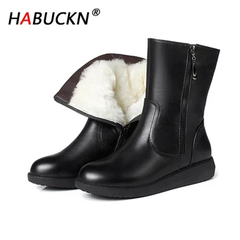 

HABUCKN 2020 New Winter Mid Calf Boots Women Black Real Top Cowhide Platform Warm All Wool Snow Boots Women Big Size 42 43