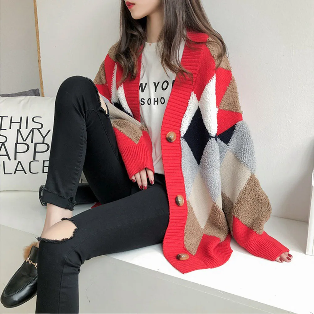 Loose Cardigan Sweater Coat Jacket Colorful Diamond Lattice Knit Korean Style Knitted Cardigan Single Breast Sweaters Women Tops - Color: Red