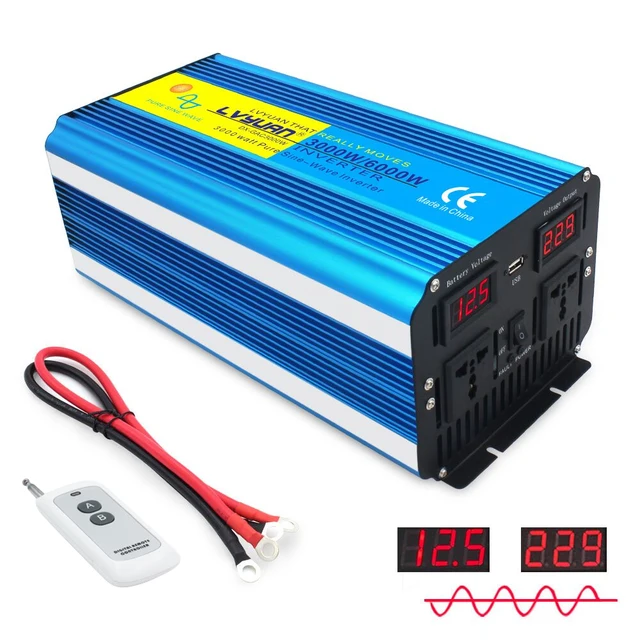 $US $209.99 6000W pure sine wave power inverter transformer DC 12V/24V TO AC 220V/230V/240V with Dual LED Display 3.1A USB wireless control