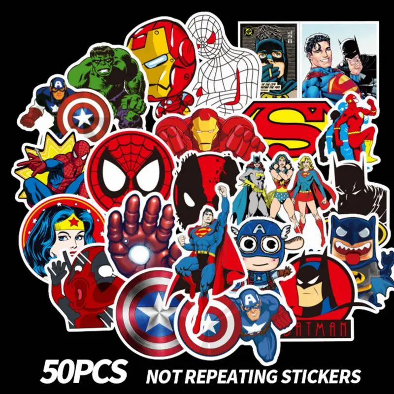 50 шт./партия наклейки Мстители супер герой DC комиксы ноутбук наклейка холодильник, скейтборд Бэтмен Супермен, Халк Железный человек