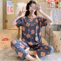 2021 New Summer Milk Silk Short-Sleeved Trousers Suit Cute Cartoon Pajamas Girls Outer Wear Home Service Suit Female Lingerie