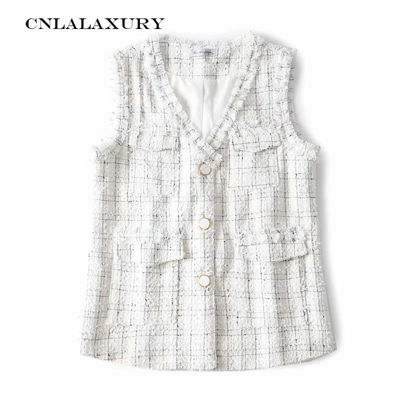 

Elegant Tweed Vest Jacket Women Runway Waistcoat Fashion Plaid Pockets V Neck Single Breasted Knitted Vest Coat gilet femme