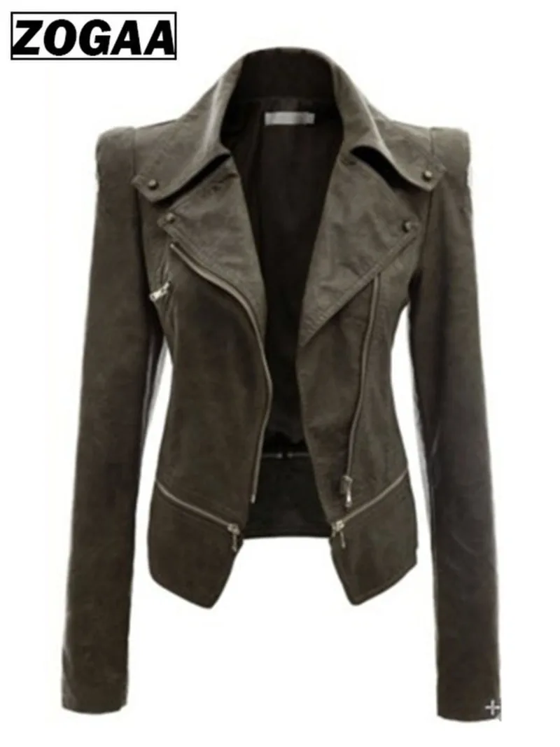 ZOGAA Autumn Women Faux Leather Jacket Gothic Motorcycle PU Leather Jacket Women's Zipper Turn-down Collar PU Faux Leather Coat