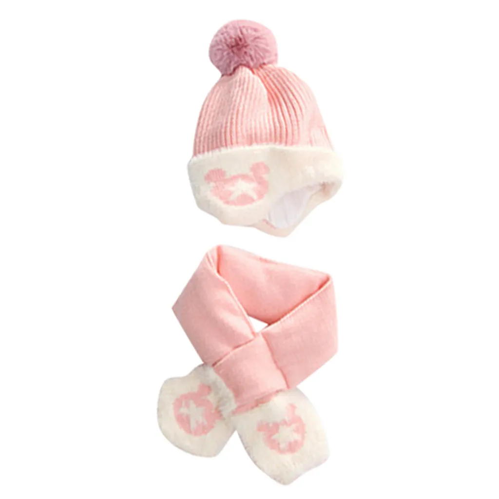 Детская одежда с рисунком из мультфильма Beanie hat Baby зимняя шапка с изображением «звезд» для мальчиков и девочек; вязаная детская милая шляпка+ шарф, комплект одежды из двух предметов для маленьких; наряд для фотосессии - Цвет: Розовый