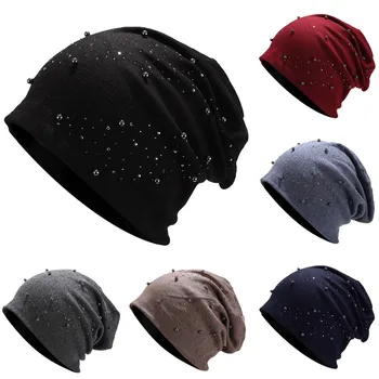 

Beanies For Women Man Caps Female Cotton Slouchy Beanie Turban Wraps Hats Bonnet Casual Women Cap Rhinestone India Hijib Cap #Z