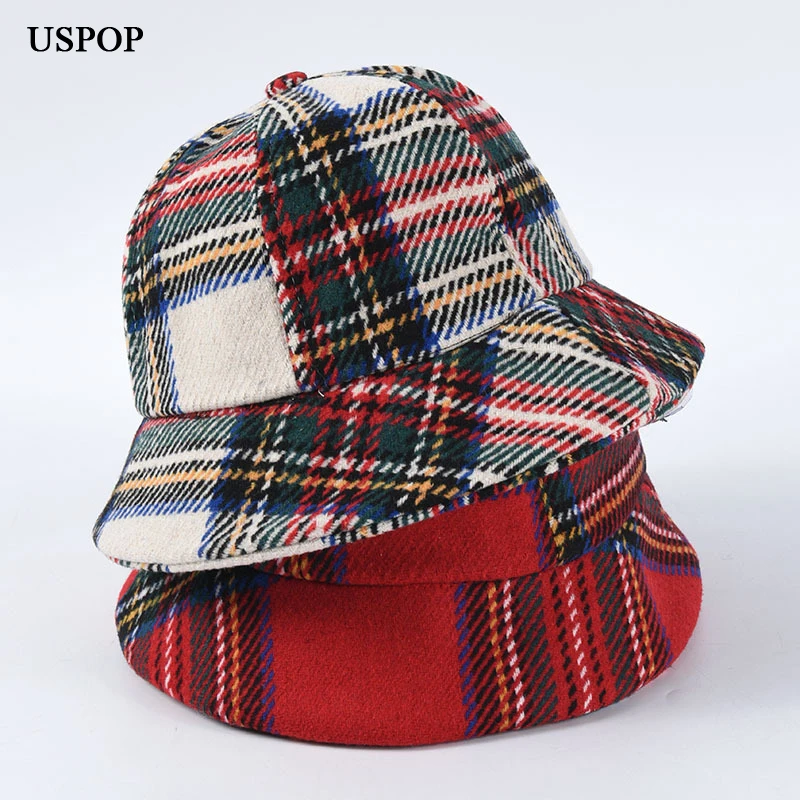 

USPOP 2019 New Winter hat women plaid bucket hats short brim vintage bucket hats female thick warm hats