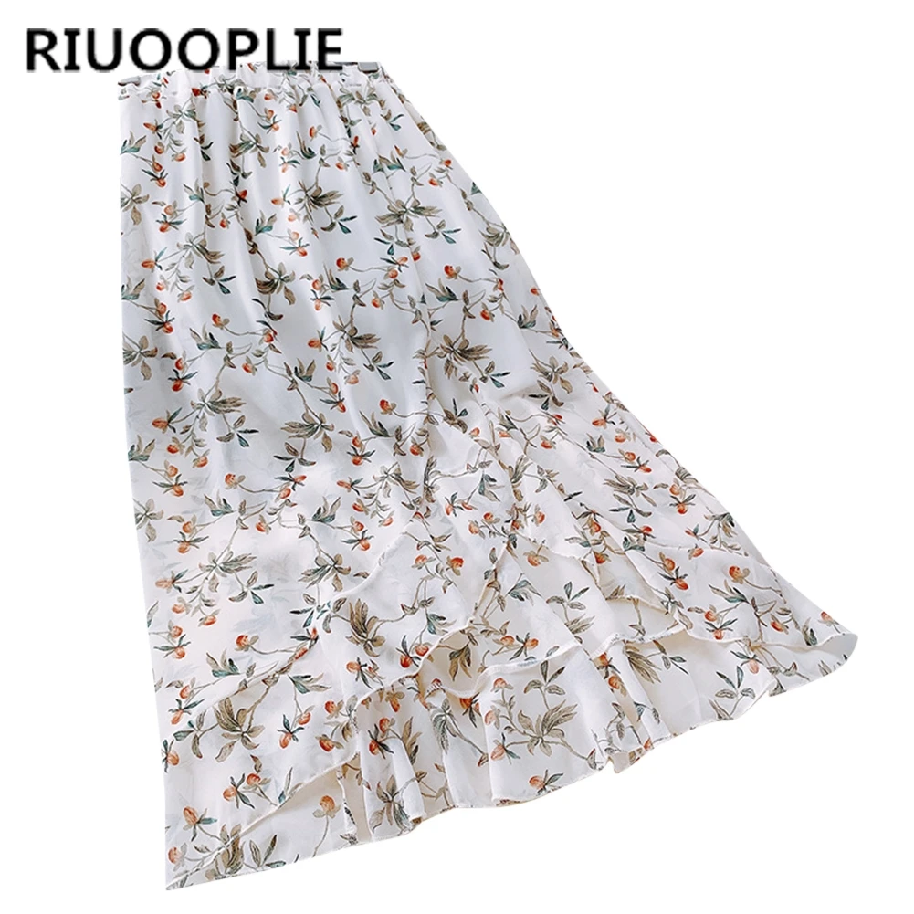 RIUOOPLIE, модная новинка, женская летняя Корейская длинная юбка-годе с завышенной талией и асимметричным цветком, милое повседневное праздничное платье с принтом