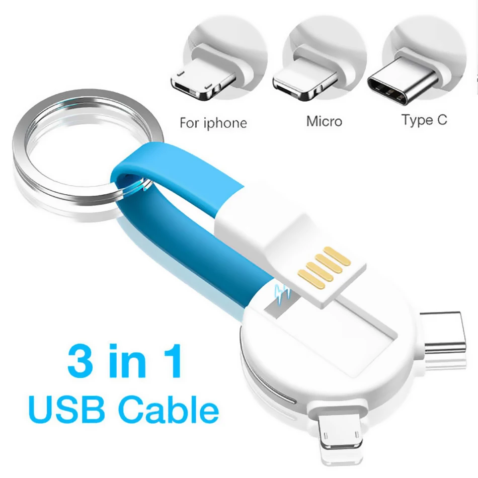 

3 in 1 USB Cable Micro USB Type C Lighting Cable For iPhone XR X Samsung HUAWEI 2A Mini Keychain Charger Charging Cables