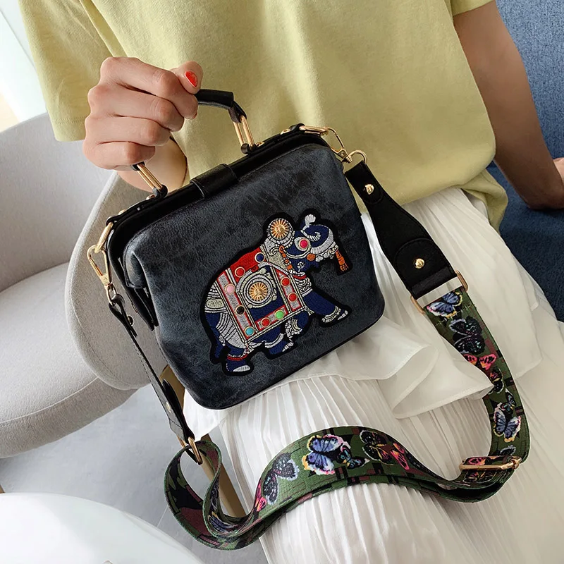 Vintage Embroidery Elephant Bag Bags Wide Butterfly Strap PU Leather Chain Women Shoulder Crossbody Bag Tote Women's Handbags - Цвет: women bag 1