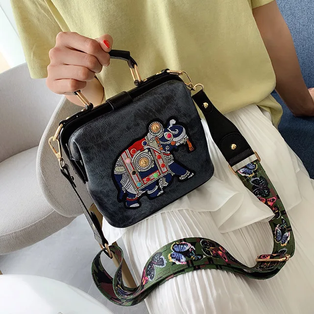 Vintage Embroidery Elephant Bag Bags Wide Butterfly Strap PU Leather Women Shoulder Crossbody Bag Tote Women's Handbags Purses women bag Grey