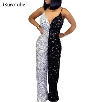 

Tsuretobe Autumn Sexy Sequin Spaghetti Strap Jumpsuits Women Patchwork Sleeveless Romper Backless Party Overalls Female Outfits