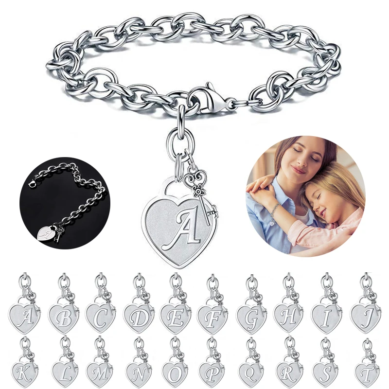 

Original Heart Pendants Initial Bracelets Stainless Steel Engraved 26 Letters A-Z Charm Bracelets For Women Girls Birthday Gifts