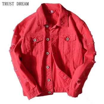 

2019 Red Black Man Casual Denim Jackets Solid Ripped Hole Men Short Slim Coat Outerwear Male Quality Jean Punk Hip Hop Jacket