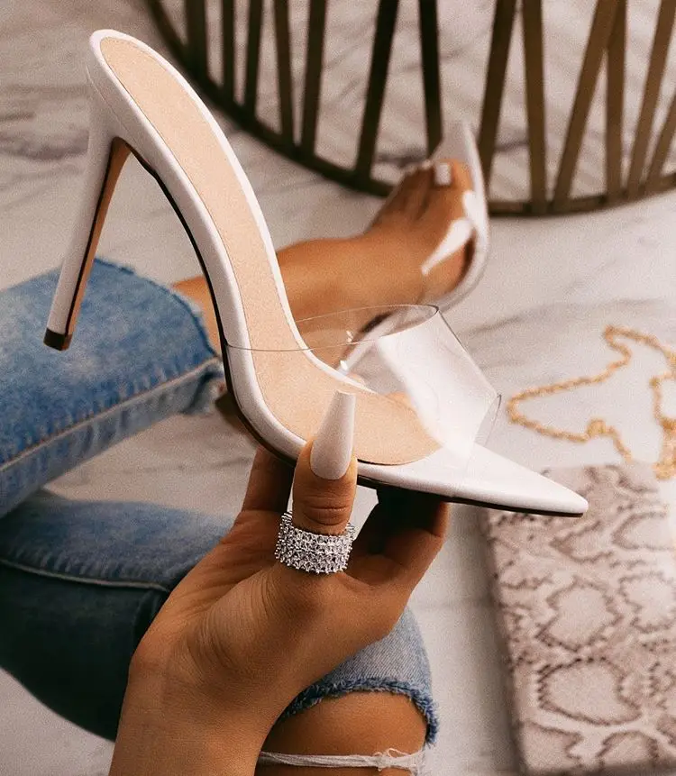 

Summer Pointed Peep Toe Women's Sandals Transparent Stiletto High Heels White Clear Woman Slippers Plus Size 35-42 Women Shoes