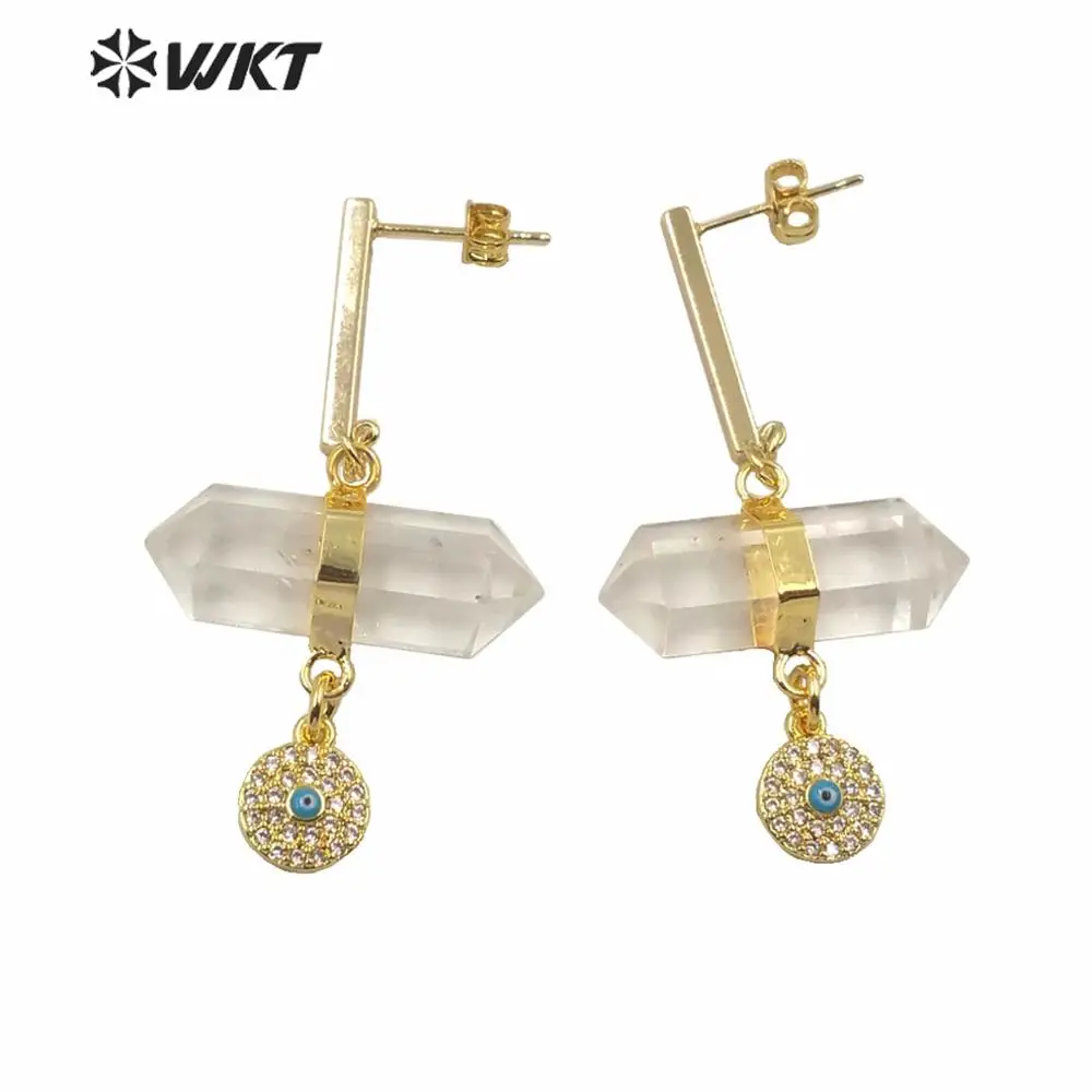 Wt-E632 Fashion Double Point Crystal Quartz Bullet Stone Decoration Orecchini Con Ciondoli A Forma Di Occhio Rotondo Per Lady Spirit