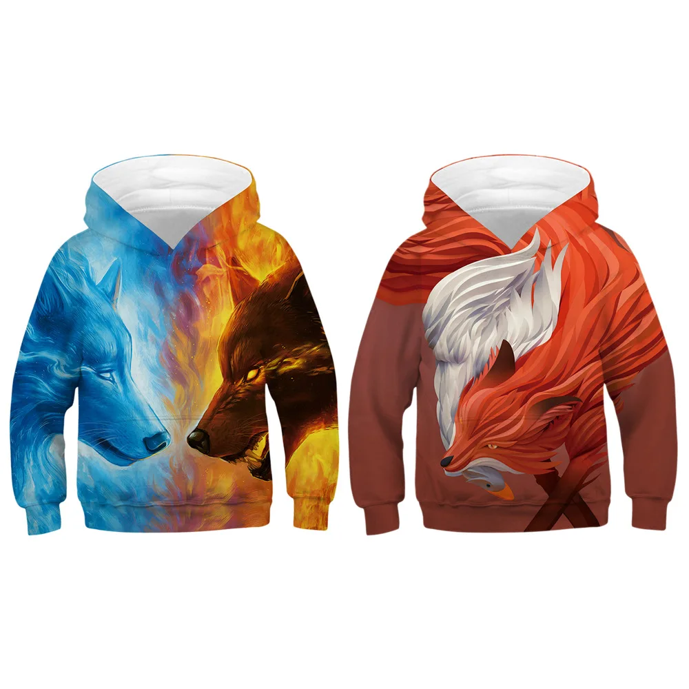 Kids Hoodies Teen Girls Boys Clothes Wolf Fox Lion King 3D Animal Digital Print Children Sweatshirt Long Sleeve Hooded Girl Tops