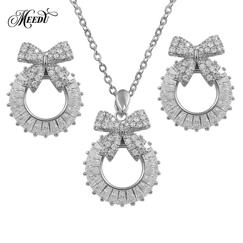

Meedu High Quality Real Gold Electroplated Micro Zircon Bowtie Bow Necklace And Earrings Suite