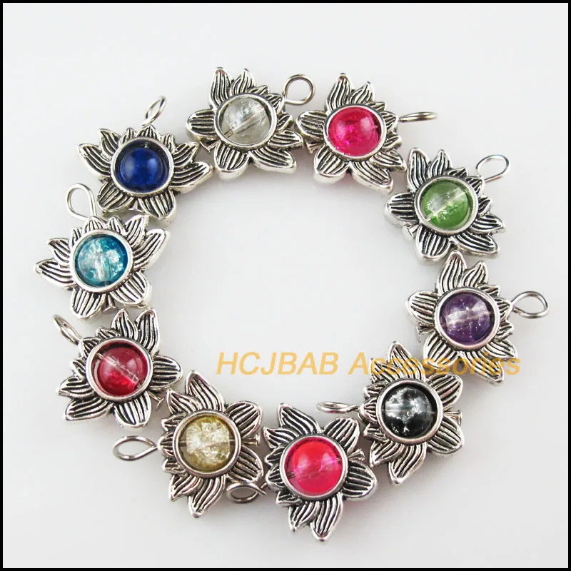 

10 New Lotus Charms Mixed Round Glass Beads Pendants Tibetan Silver Tone Flower 17x19mm