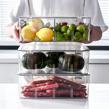 

Fruit Vegetable Storage Crisper With Cover Kitchen PET Plastic Storage Containers Refrigerator Food Partitioned Storage Box