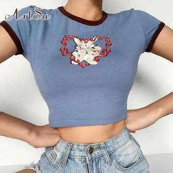 

ArtSu Casual Short Sleeve Rabit Print Cute Crop Top 2020 Summer Women Basic Patchwork Harajuku T Shirt Tops Streetwear ASTS28017