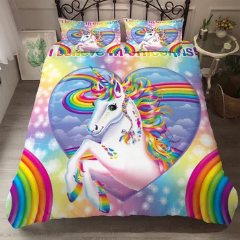 

Hot style 3D digital unicorn printing 100% Polyester bedding set 1 duvet cover + 1/2 pillowcases bed in a bag (no sheet).
