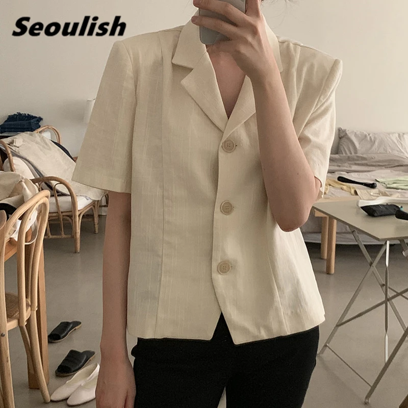 

Seoulish, Новинка лета 2021, однобортный Повседневный Женский блейзер, однотонные женские деловые куртки, Элегантная короткая верхняя одежда, шикарные топы