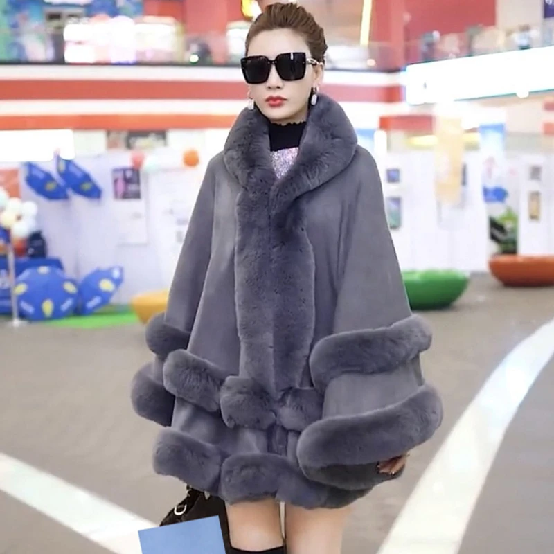 

Double Layer Luxury Imitated Rex Rabbit Fur Cape Coat Hooded Shawl Winter Women Knit Poncho Overcoat Faux Fur Wraps Big