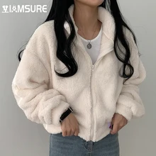 IAMSURE Warm Winter Furry Coats Casual Loose Solid Long Sleeve Jackets Women 2021 Korean Style Sweet Cute Basic Coats Fashion