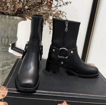 

Prowow New High Quality Genuine Leather Square Toe Metal Deco Ankle Boots Zip Side Thick Heel Luxury Boots Shoes Women