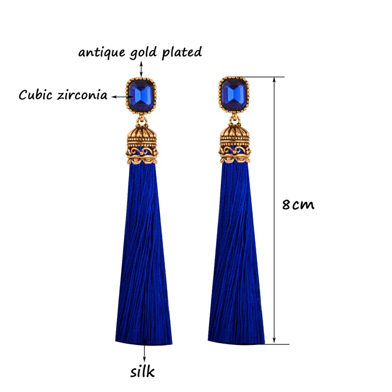 SINLEERY Female Red Black Square Cubic Zirocnia Long Silk Tassel Earring Boho Antique Gold Color Ethnic Jewelry dangle earrings crystal earrings crystal tassel earrings