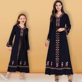 

flower embroidery flare sleeve elegant girls maxi dress navy blue long sleeve Muslim dress mother daughter matching outfit