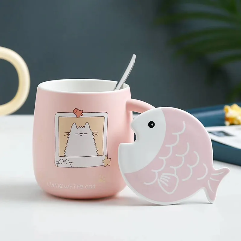 YOLIFE Porcelain Tea Mug with Lid 12 oz Cartoon Tropical Fish Cup 