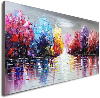 

Hand Painted Lake Landscape Canvas Wall Art with Colorful Tree Thick Texture Oil Painting Abstract Artwork