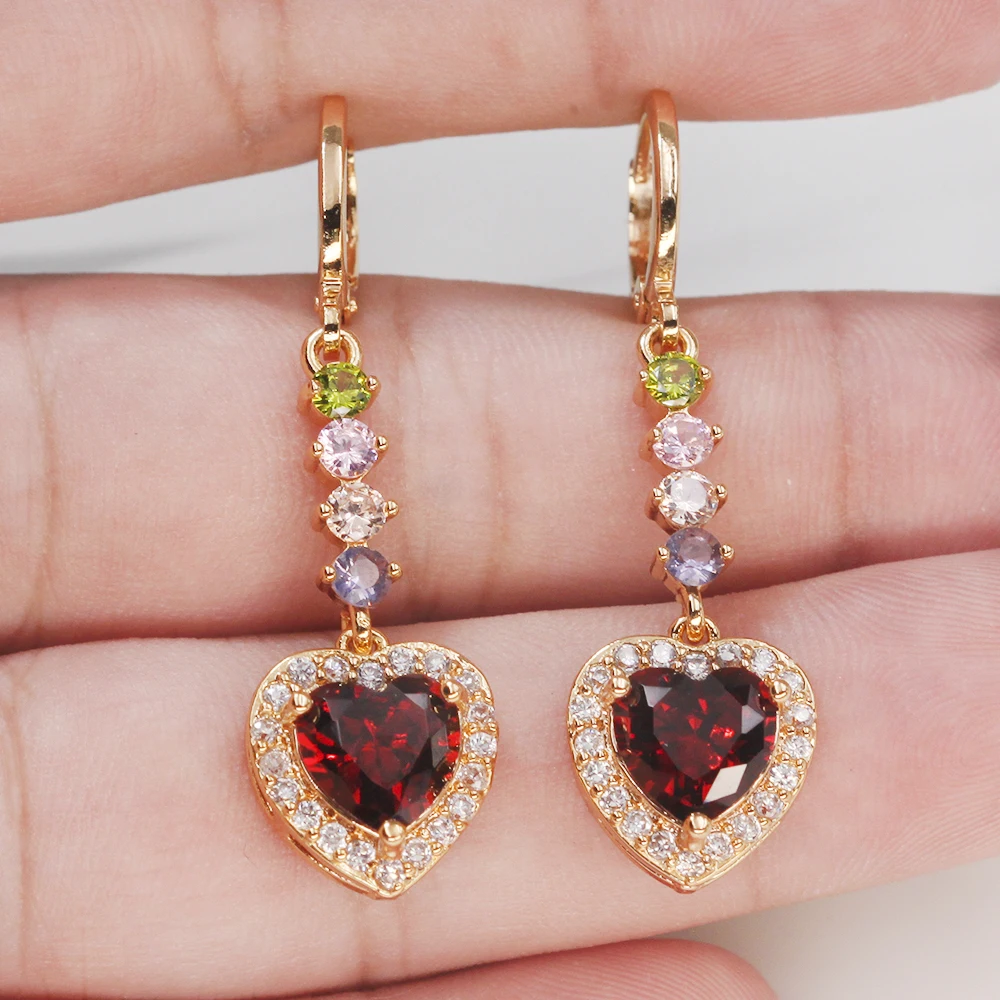 Luxury Drop Earrings for Women's Dangle earrings Gold Filled Earring with heart redZircon Trendy Jewelry for Wedding accessories - Окраска металла: OBS4753-MC