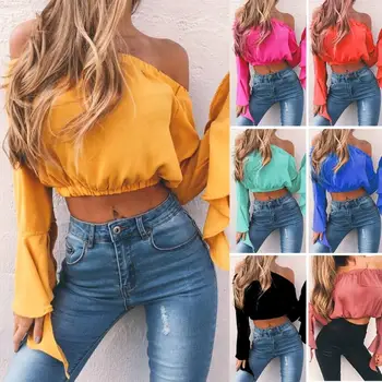 

Spring Women Solid Color Sexy Off Shoulder Long Trumpet Sleeve Chiffon Crop Top