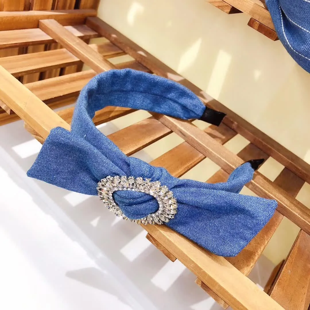 Джинсовый большой бант горный хрусталь Hairband для женщин заколка для волос со стразами обруч жемчужный для девочек корона цветок повязка для головы тюрбан