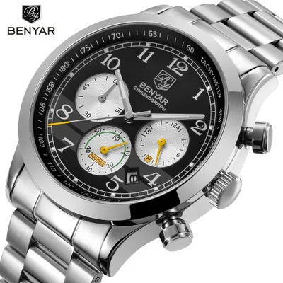 

Benyar Hot Selling Classic Watch Fashion MEN'S Watch Quartz Watch Top Grade Three-Eyed Calendar Dial Steel Belt