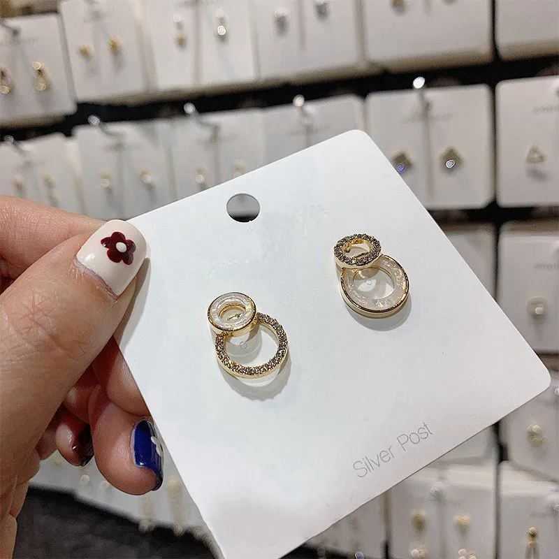 

2019 Korean New Style Daily Micro Pave Pendientes Shiny Zircon Double Circle Stud Earrings For Women Jewelry