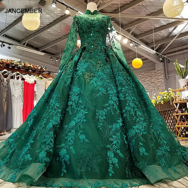 LS0181 Royal Green High Neck Party Dresses Long Tulle Sleeve Lace Up Back Ball Gown Beauty Evening Dress For Women Real Price 1